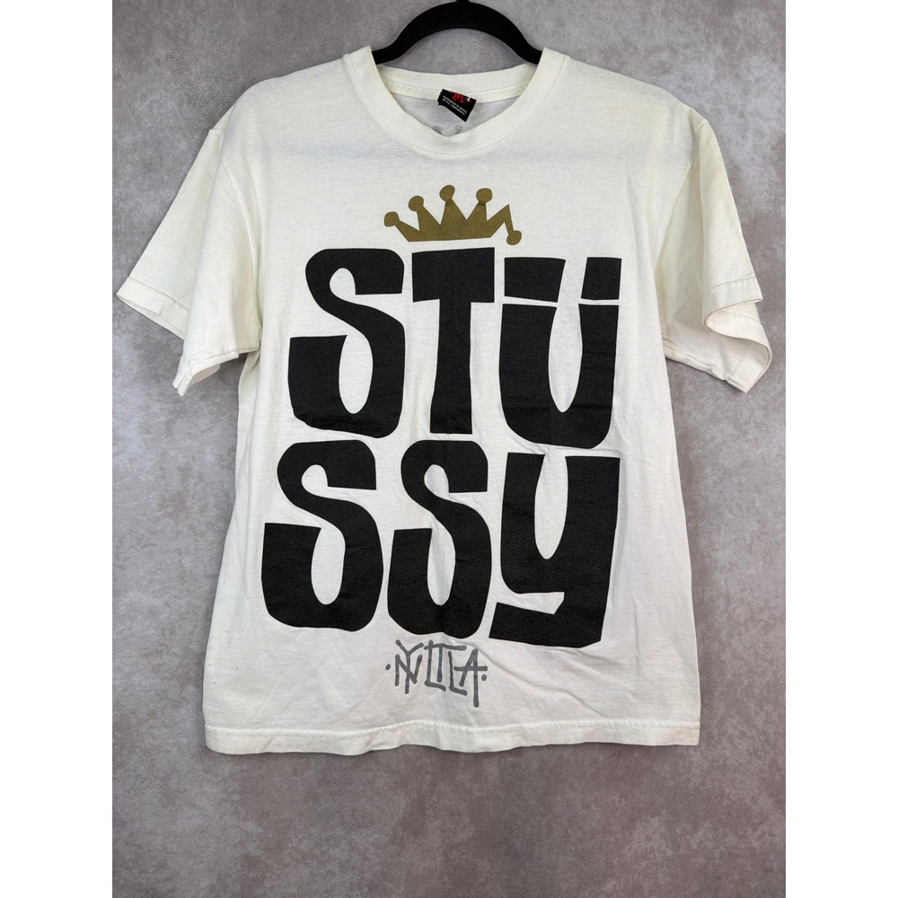 VTG Y2K Stussy Crown‎ Large Spellout Logo Graphic T Shirt Mens Size Medium White
